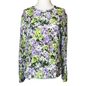 Vintage 80s 90s Silk Watercolor Floral Long Sleeve Blouse